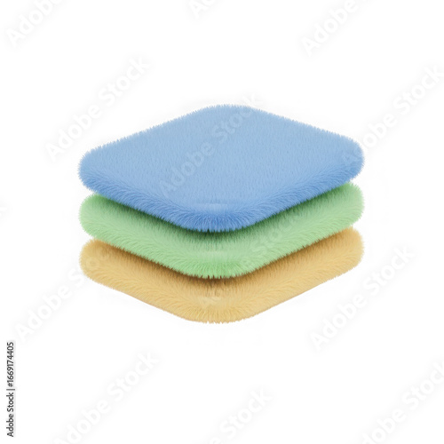 3d icon of stack of three soft, textured cleansing pads in blue, green, and yellow, isolated on white isolated on transparent background