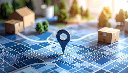 Geo-targeting for local business delivery, showcasing regional logistics and e-commerce shipping with a map pin