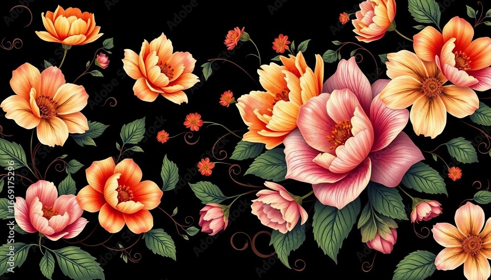 Intricate black background floral pattern; oversized blooms, swirling vines,  textile,  repeat