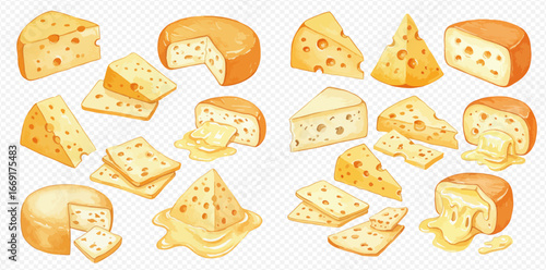 A diverse collection of watercolor cheese illustrations, featuring wheels, wedges, slices, and melting pieces with holes.