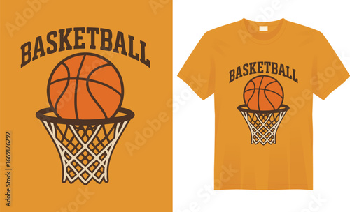 “Bold basketball-themed t-shirt featuring dynamic hoop graphics, sporty typography, and energetic colors, perfect for players, fans, and streetwear style.”