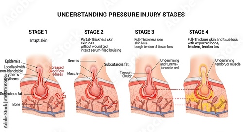 A detailed medical illustration showing the four stages of pressure injury, from intact skin to full-thickness tissue and bone exposure