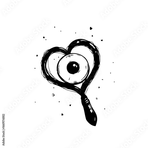 A whimsical heart-shaped magnifying glass examines affection exploring vision and emotion