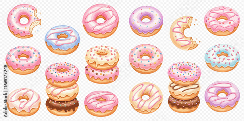 A collection of assorted delicious donuts, various pastel glazes and sprinkles.