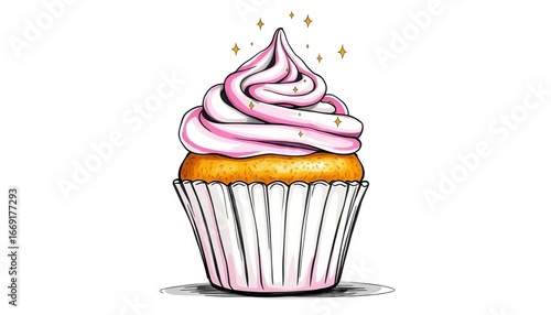 Whimsical sketch of delicious cupcake, creamy frosting, sparkling topping,  style,  fun