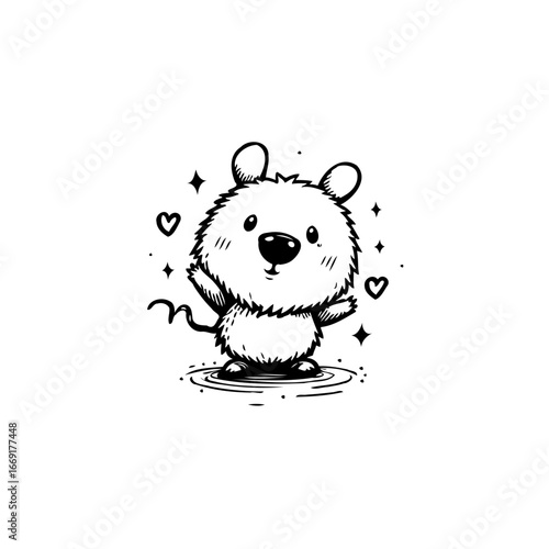 Adorable fluffy cartoon mouse illustration with sparkling accents evokes childhood innocence and