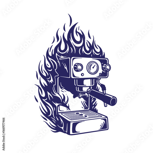 A retro style espresso machine in flames on a white background illustration design