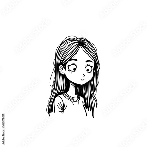 Captivating monochromatic artwork of a wide eyed young girl with detailed hair evoking innocence