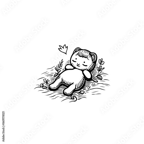 Captivating monochrome sketch of a whimsical teddy bear amidst delicate foliage with a tranquil