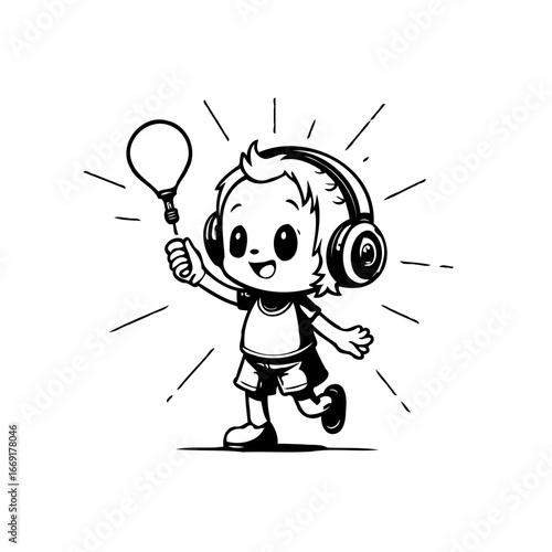 Cartoon boy enjoys music with headphone holding a glowing lightbulb balloon for inspiration