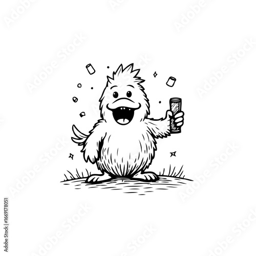 Cartoon duckling having a fizzy drink, happiness, animation, celebration with beverage and joyfull