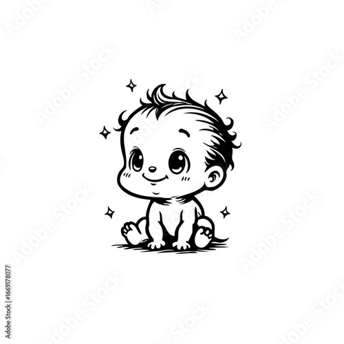 Charming baby illustration with whimsical stars captures innocence in a monochromatic design