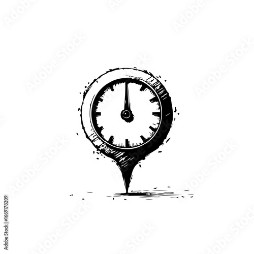 Clock icon in shape of location pin representing time and deadlines in business management sketch