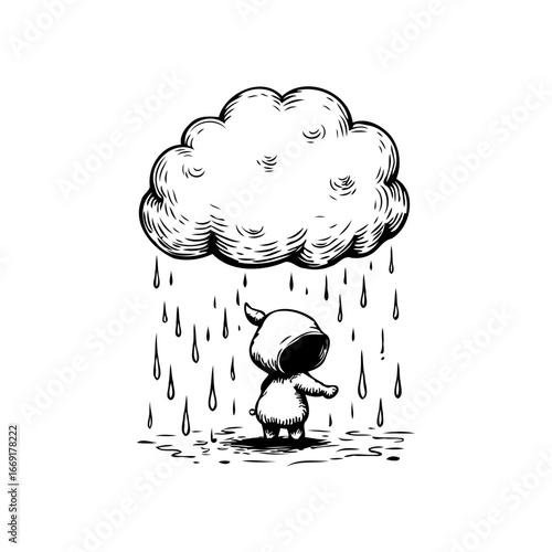 Conceptual artistic illustration of loneliness and despair standing beneath dark cloud feeling