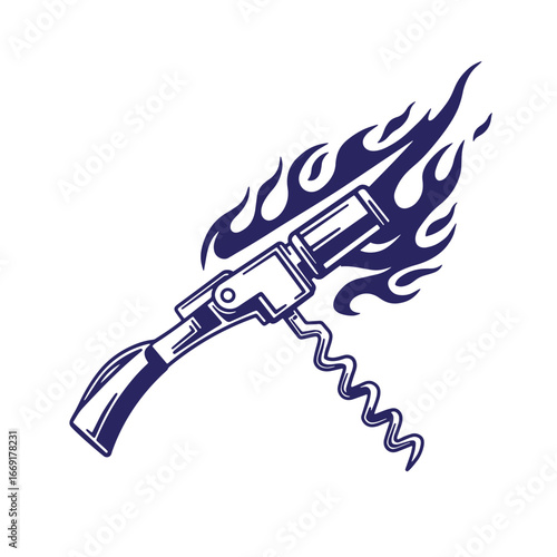 A stylized illustration of a wine corkscrew with flames creating a bold visual effect
