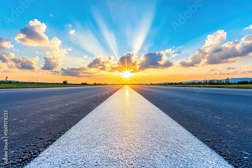 Radiant Horizon: Asphalt Road Leading to a Golden Sunset with Bursting Sunbeams