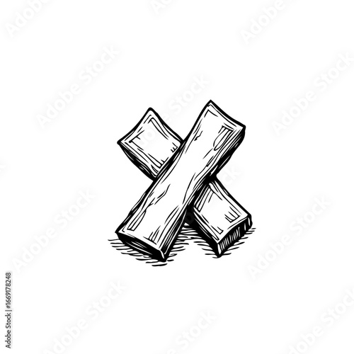 Conceptual depiction of the intersection and interaction of two rectangular wooden planks in