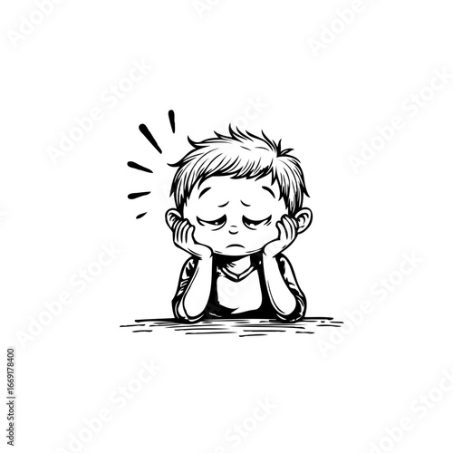 Contemplative young character illustration showing thoughtful mood with head in hands pondering