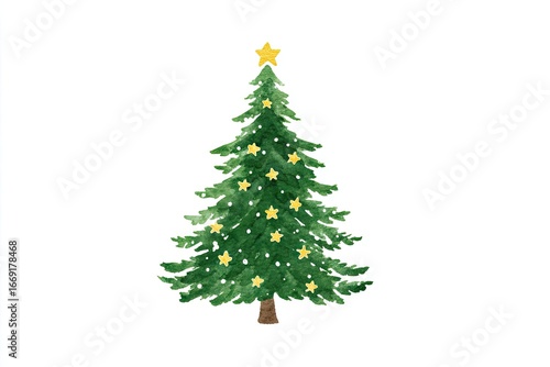 A stylized, watercolor Christmas tree, adorned with small yellow stars, stands out against a stark white backdrop.