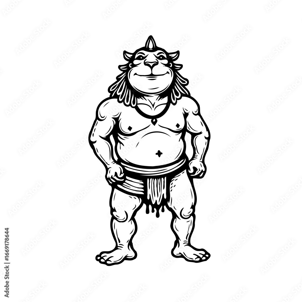 Fototapeta premium Detailed line art illustration presenting a muscular fictional creature with unique facial