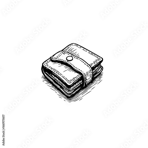 Detailed drawing showcasing a compact wallet with strap and button closure in monochrome style