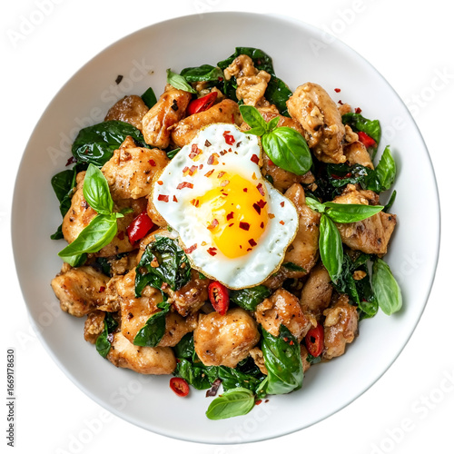 Spicy Chicken and Egg Bowl – Traditional Asian Food with Basil and Chili. spicy chicken served hot, chicken egg basil chili dish, Asian chicken cultural cuisine, Asian food professional photography, s