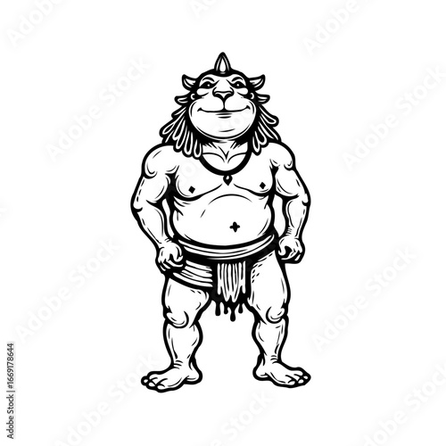 Detailed line art illustration presenting a muscular fictional creature with unique facial