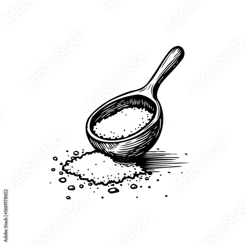 Detailed monochrome drawing showcasing a wooden scoop filled with granular material spilling onto