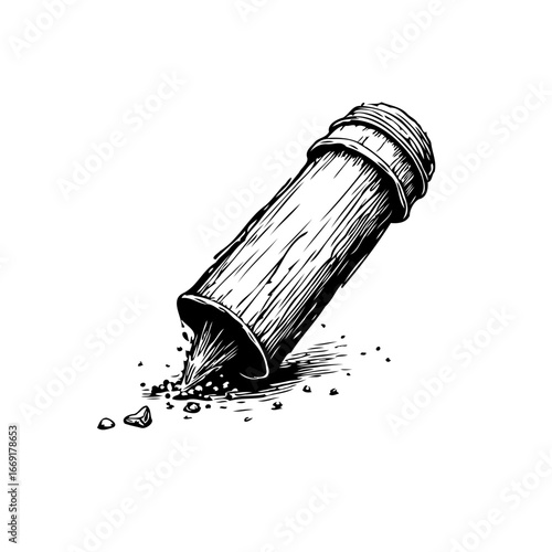 Detailed monochrome drawing of a container spilling contents onto the white surface offering raw