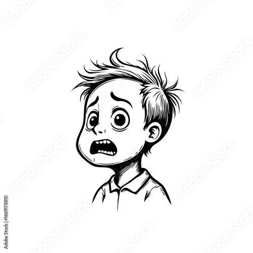 Distressed young person displays intense fear with cartoonish exaggeration in expressive character