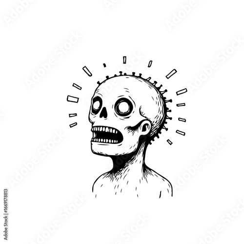 Disturbing monochrome art depicting a skeletal figure afflicted with symbolic virus protrusions
