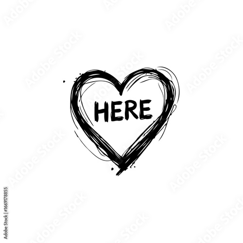 Drawn heart symbolizes affection with 'here' inscribed representing position or presence in