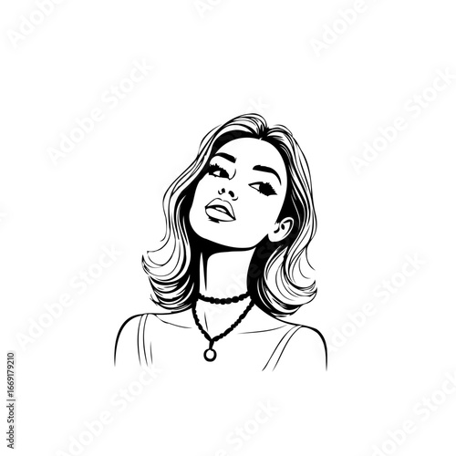 Elegant woman portrait with wavy hair and stylish necklace exudes sophistication, a captivating