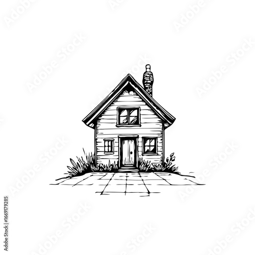 Enchanting detailed house sketch with chimney surrounded by lush foliage on stone ground offering