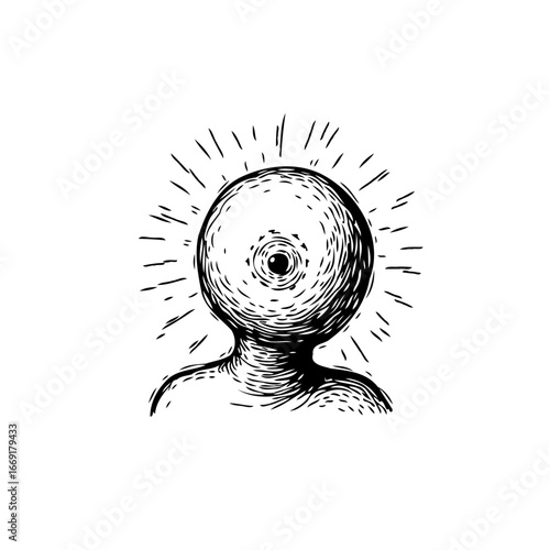 Enigmatic figure with a spherical head emanating radiant energy a unique artistic expression and