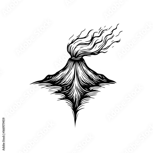 Erupting volcano illustration with billowing smoke in a striking black and white graphic art style
