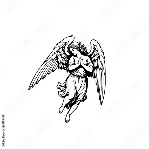 Ethereal being in flight with angelic wings offering hopeful prayer for brighter future