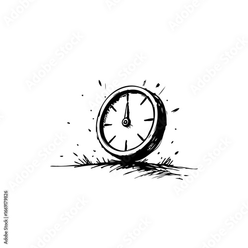 Hand drawn clock symbol illustration, conveying urgency and timeless elegance in monochrome