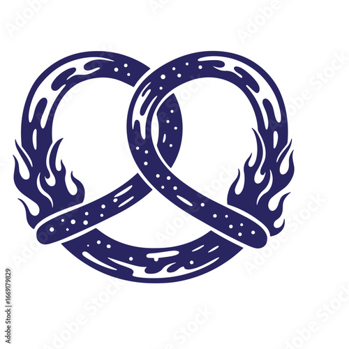 Artistic illustration of a pretzel infused with fire elements on a clean white background