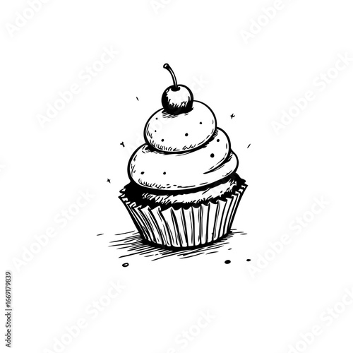 Hand drawn cupcake illustration with cherry topping delights the senses for culinary enthusiasts