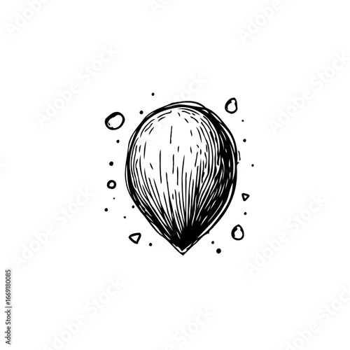 Hand drawn oval form with hatching and surrounding dots evoke minimalist organic expression and