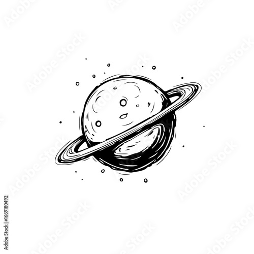 Illustrated celestial body with prominent rings in space exploration fantasy universe showing