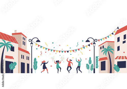 Joyful Street Celebration: People Jumping with Festive Decorations.