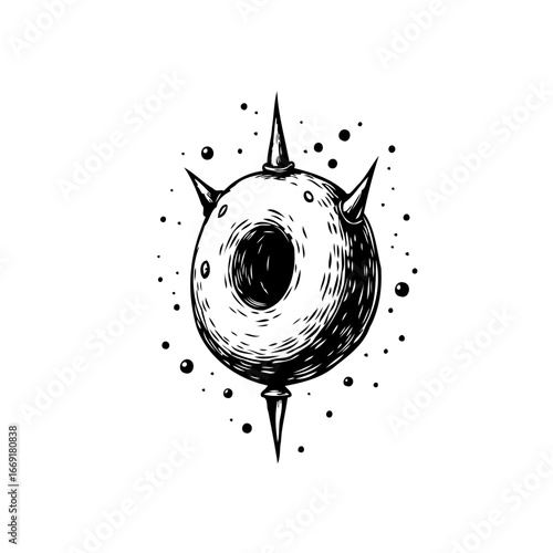 Imaginary spiked orb floating amidst a constellation of scattered dots with a dark aperture in the
