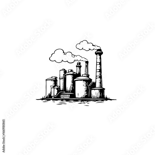 Industrial complex illustration showing various factory buildings and a towering chimney spewing