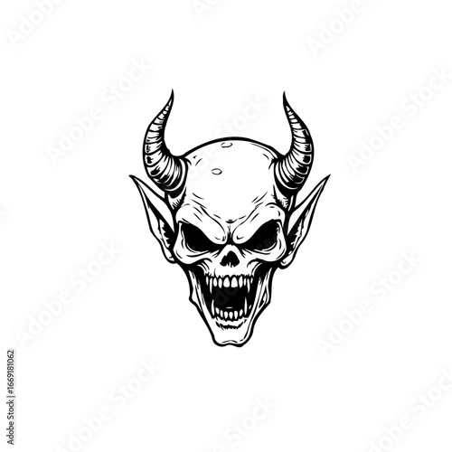 Intricate devil head drawing with detailed horns and sharp fangs offering a dark and menacing