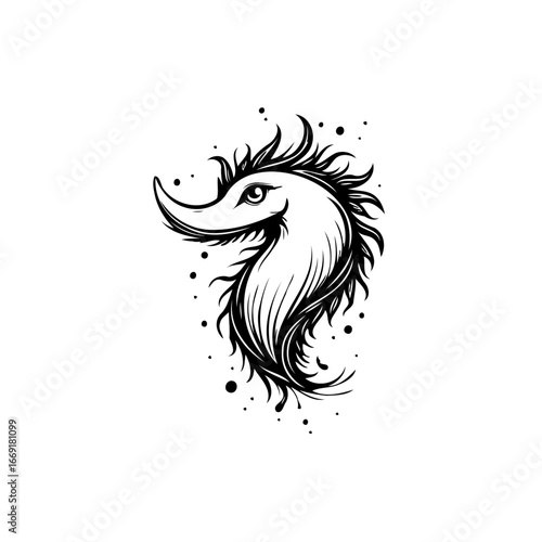 Intricate linework conveys a fanciful bird figure in monochrome with stylized plumage and surreal