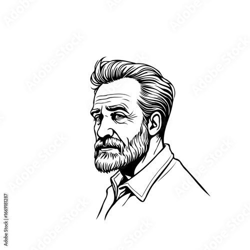 Introspective portrait of a mature man showcasing intricate line work conveying wisdom experience