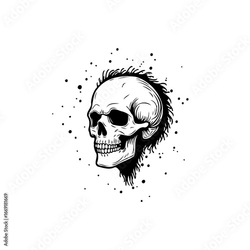 Monochromatic anatomical skull illustration featuring a mohawk silhouette and splatter creating a