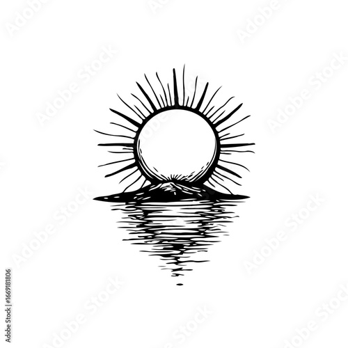 Monochromatic illustration depicting a radiating sphere over a mountainous silhouette reflected in